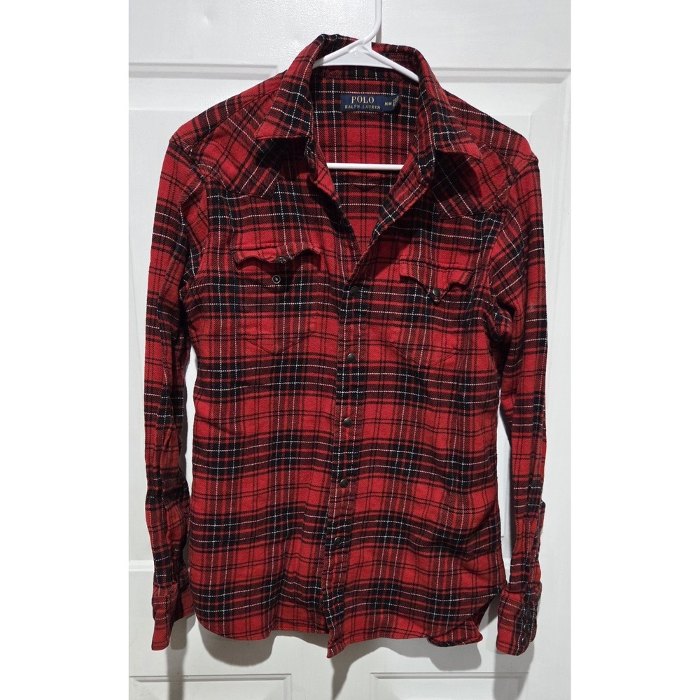 Polo Ralph Lauren Red & Black Plaid Pearl Snap Long Sleeve Shirt Men M Western